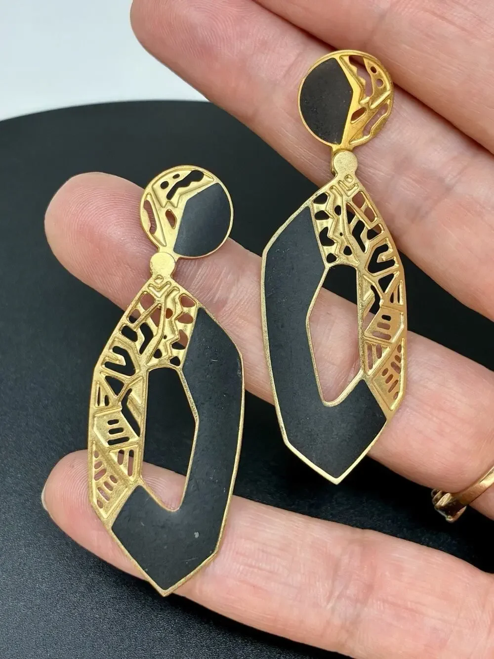 Vintage Berébi Gold Black Enamel Art Deco Earrings Geometric Modernist Pierced